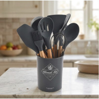 Силіконовий кухонний набір Kitchen Set 12 предметів із дерев'яними ручками для приготування їжі