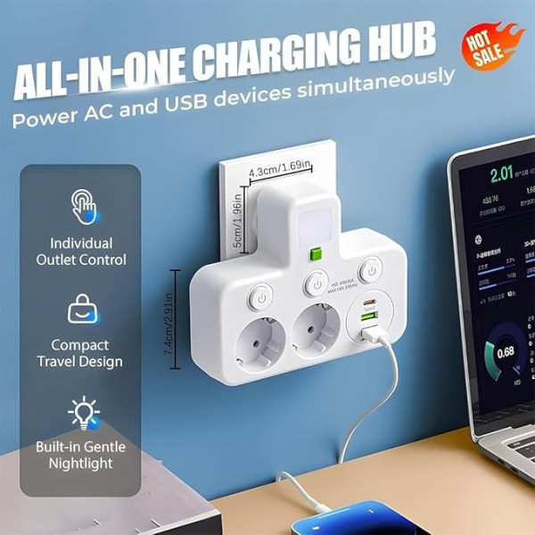 Сетевой адаптер AND F03 White блок розеток с USB и Type-C для питания устройств компактный и удобный