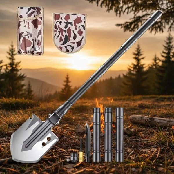 Лопата туристическая Multifunctional Shovel ES-118 складная 10 в 1 с чехлом, мультитул из нержавеющей стали