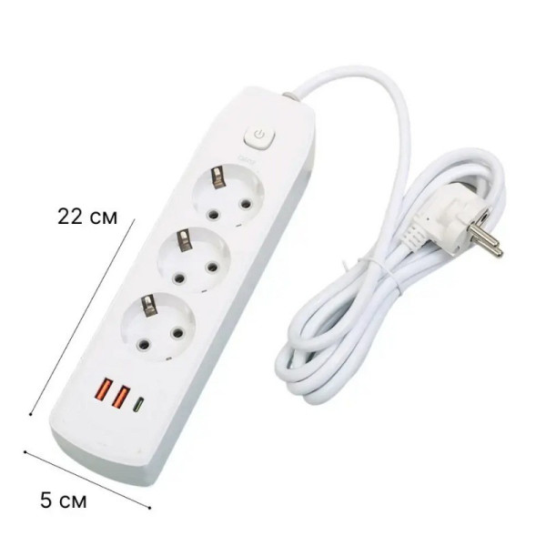 Сетевой фильтр AND-16-20 3 розетки + USB и Type-C, удлинитель с защитой от перенапряжения и быстрой зарядкой