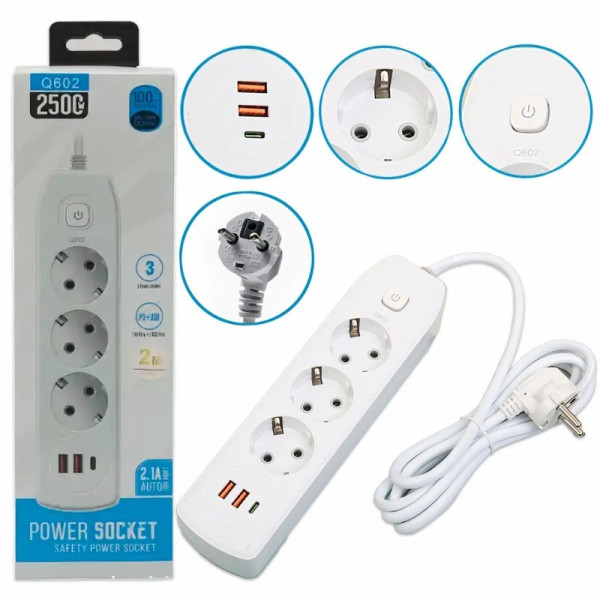 Сетевой фильтр AND-16-20 3 розетки + USB и Type-C, удлинитель с защитой от перенапряжения и быстрой зарядкой