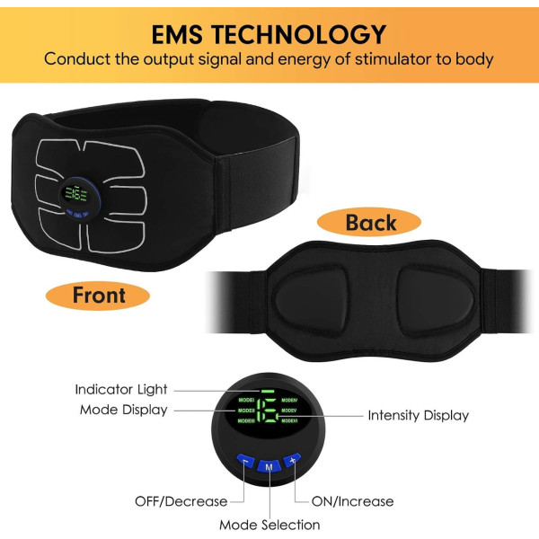 Пояс миостимулятор для пресса EQ-66 W24 аккумуляторный EMS тренажер для мышц живота с 6 режимами и 15 уровнями интенсивности
