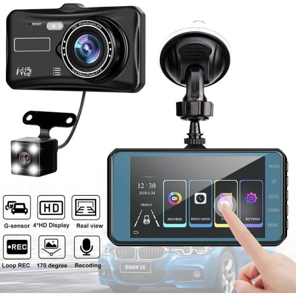 Автомобильный видеорегистратор BT-100 Full HD 1080P с двумя камерами, сенсорным экраном 4" и камерой заднего вида