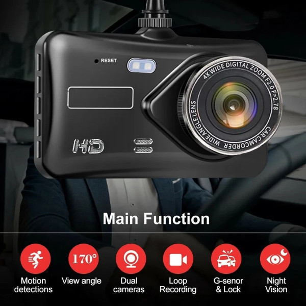 Автомобильный видеорегистратор BT-100 Full HD 1080P с двумя камерами, сенсорным экраном 4" и камерой заднего вида