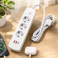 Мережевий фільтр AND-16-20 3 розетки + USB та Type-C, подовжувач із захистом від перенапруги та швидким заряджанням