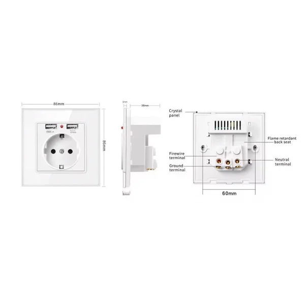 Розетка SIXWGH с заземлением и 2 USB-портами WH034W
