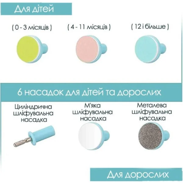 Электрический триммер для ногтей 6 в 1 с LED-подсветкой и насадками, безопасный для взрослых и детей