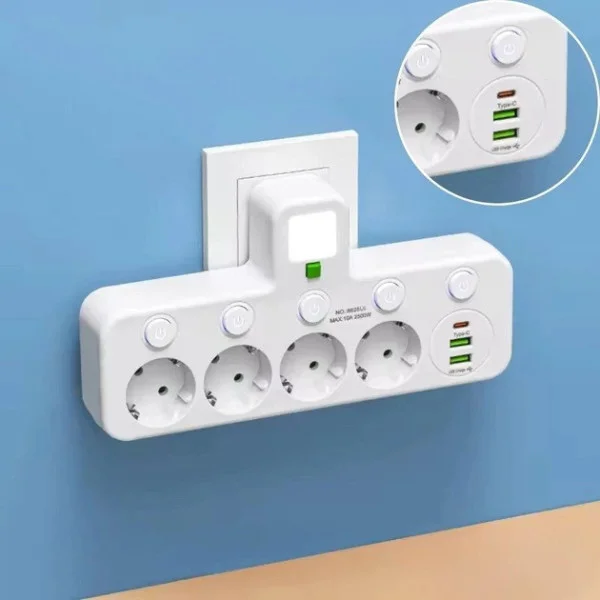 Разветвитель розетки 4 гнезда с USB Type-C сетевой переходник